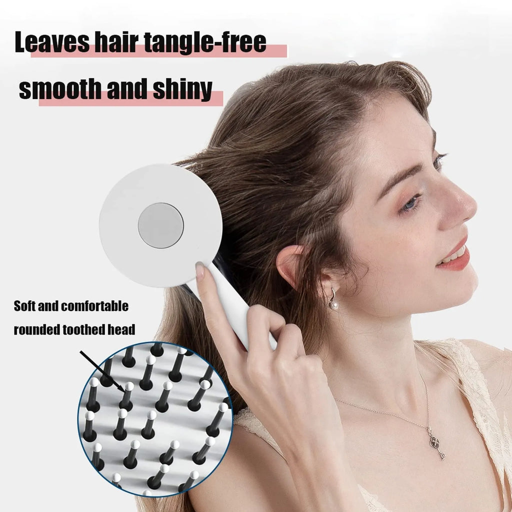 One-key self-cleaning hair brush with airbag cushion and round-head comb tips, 20x9cm, available in green pink and white