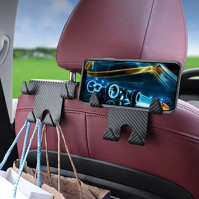 Black ABS car multifunction hook bracket with integrated phone holder for rear seat storage