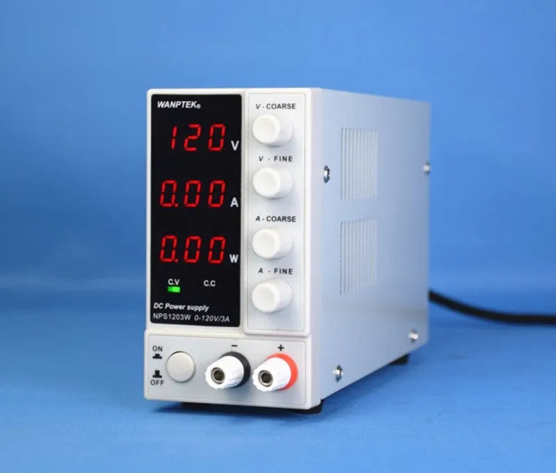 White adjustable benchtop DC power supply unit with digital displays for voltage and current.