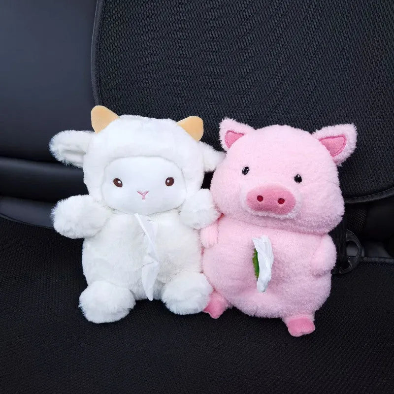 Plush cartoon animal car tissue box for interior decoration in lamb or pig models