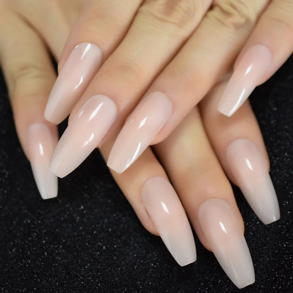 Nude extra long fake nails 24 pcs with glossy UV gel cover in three colours including dark purple, khaki, and light purple