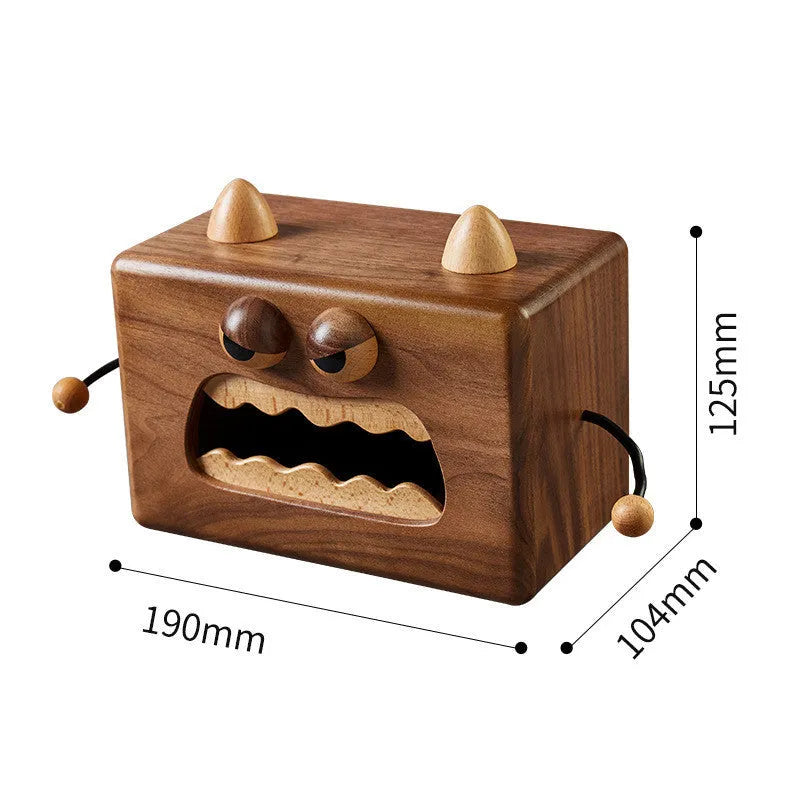 Little Monster cartoon wooden tissue box in walnut beech finish, dimensions 190x104x125mm.