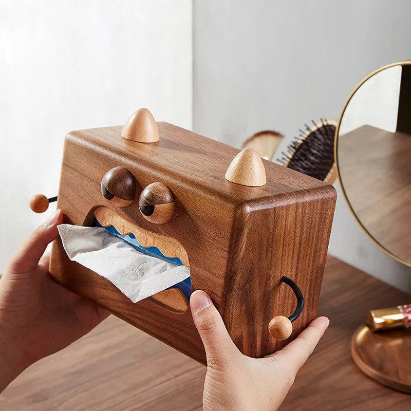 Little Monster cartoon wooden tissue box in walnut beech finish, dimensions 190x104x125mm.