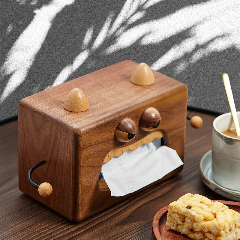Little Monster cartoon wooden tissue box in walnut beech finish, dimensions 190x104x125mm.
