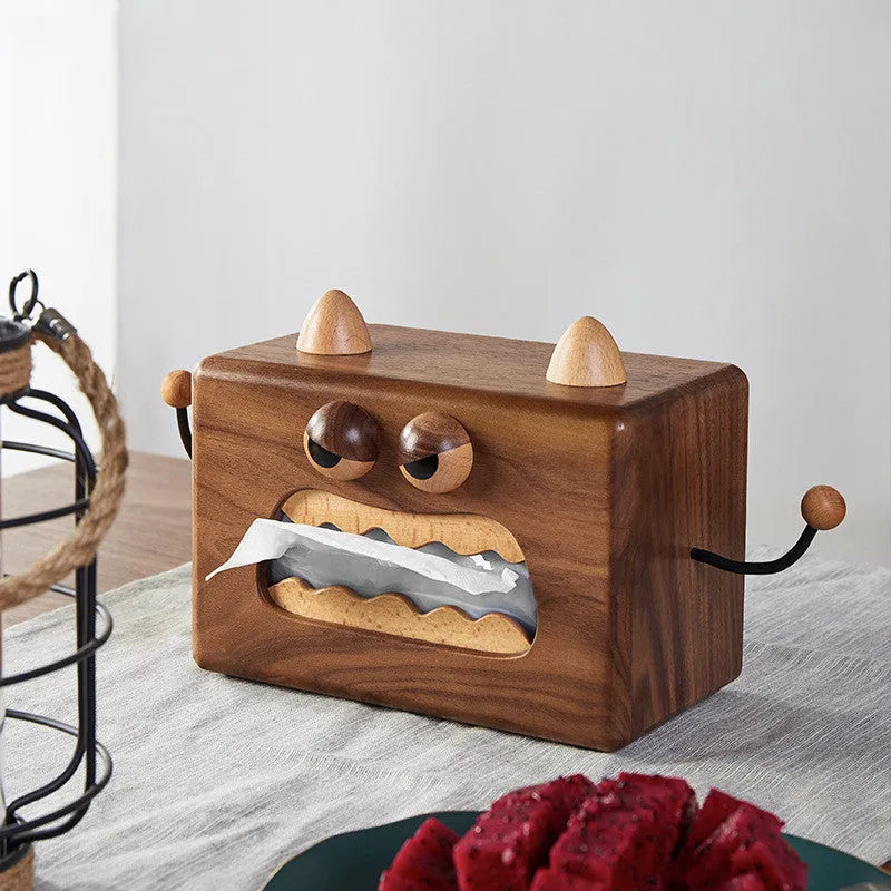 Little Monster cartoon wooden tissue box in walnut beech finish, dimensions 190x104x125mm.