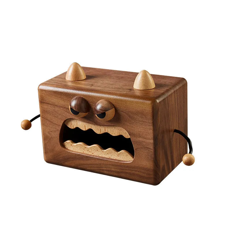 Little Monster cartoon wooden tissue box in walnut beech finish, dimensions 190x104x125mm.