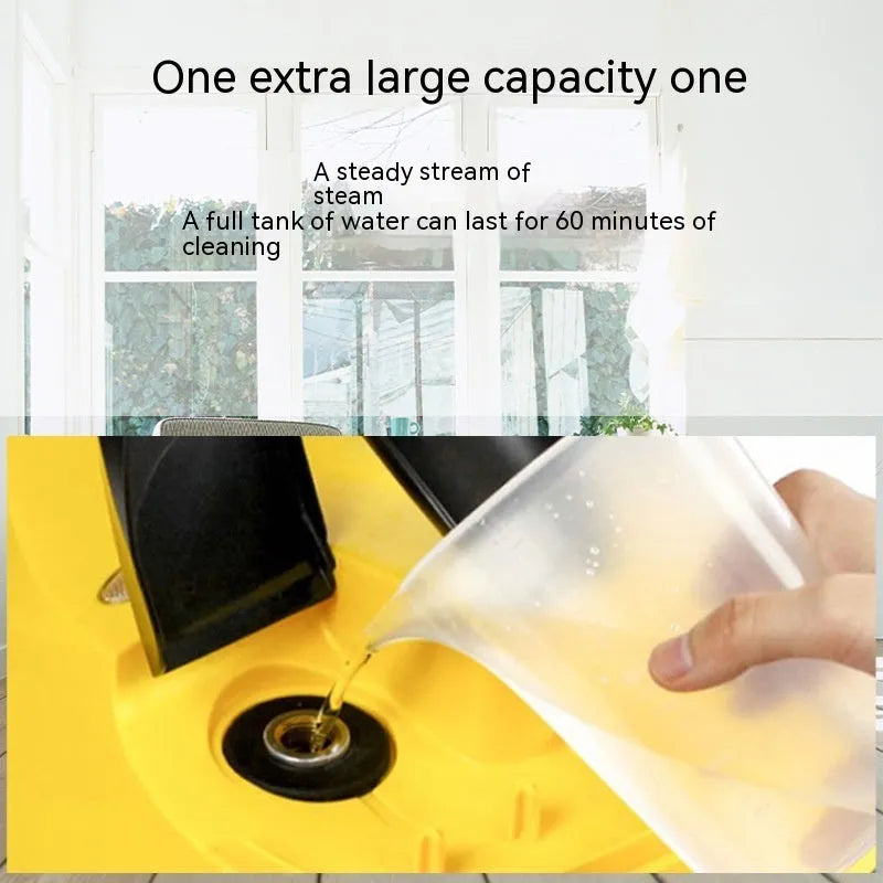 Yellow handheld steam cleaning machine with copper and plastic body on plain background