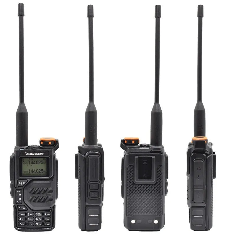 Black 5W multi-band walkie-talkie with lithium battery and antenna on plain background