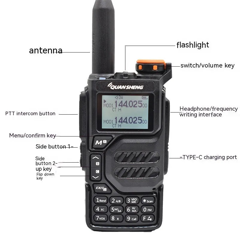 Black 5W multi-band walkie-talkie with lithium battery and antenna on plain background