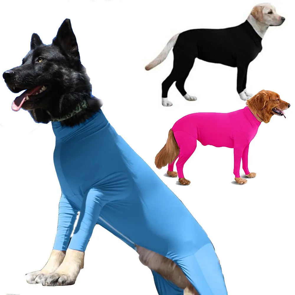 Super thick acrylic fibre dog jumpsuit in black on a medium large dog, showing full-body coverage