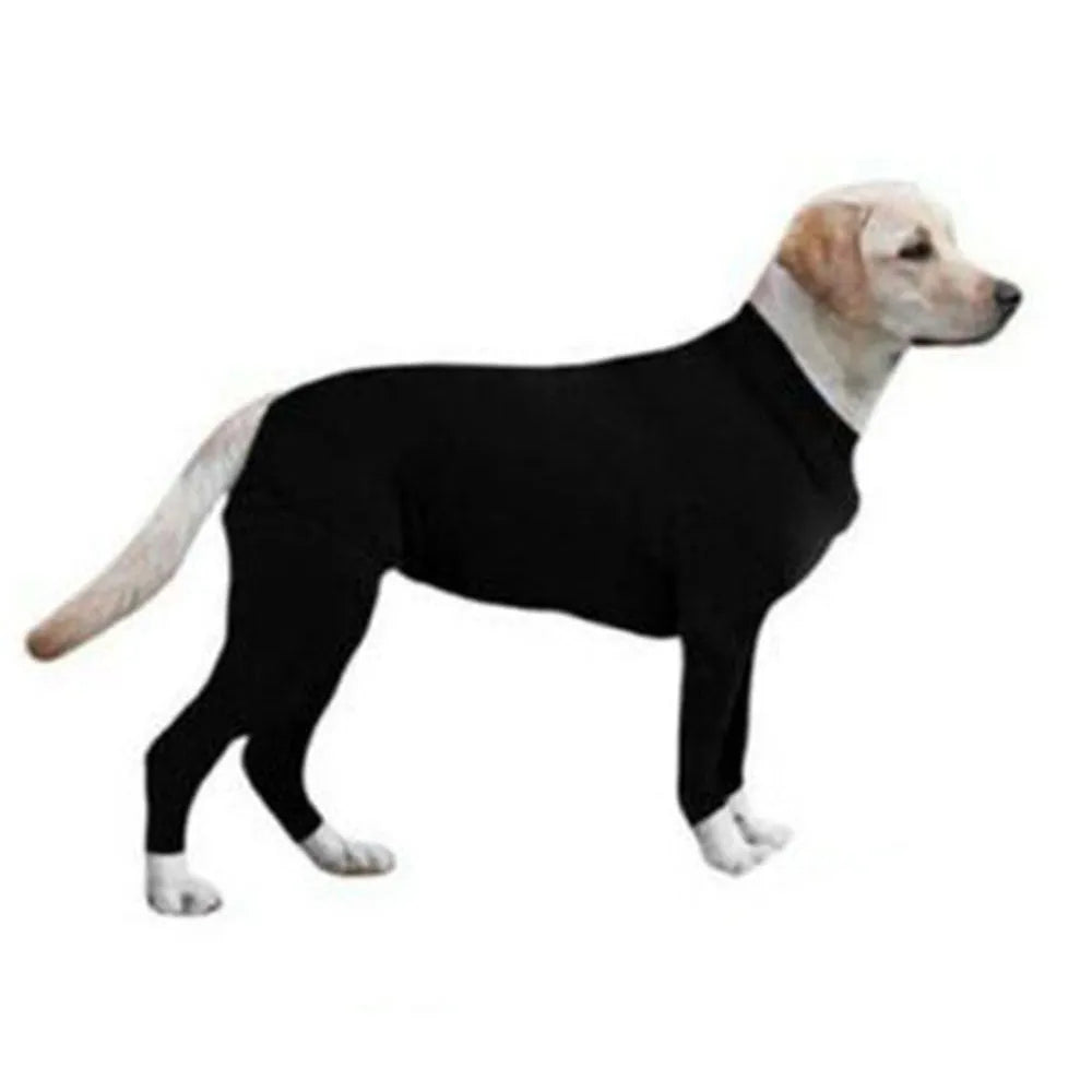 Super thick acrylic fibre dog jumpsuit in black on a medium large dog, showing full-body coverage