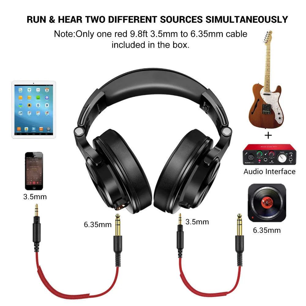 OneOdio black and red over-ear studio monitoring headphones with 40mm speaker drivers
