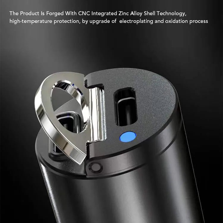Black mini 30W dual USB car charger with zinc alloy housing next to a car cigarette lighter socket.