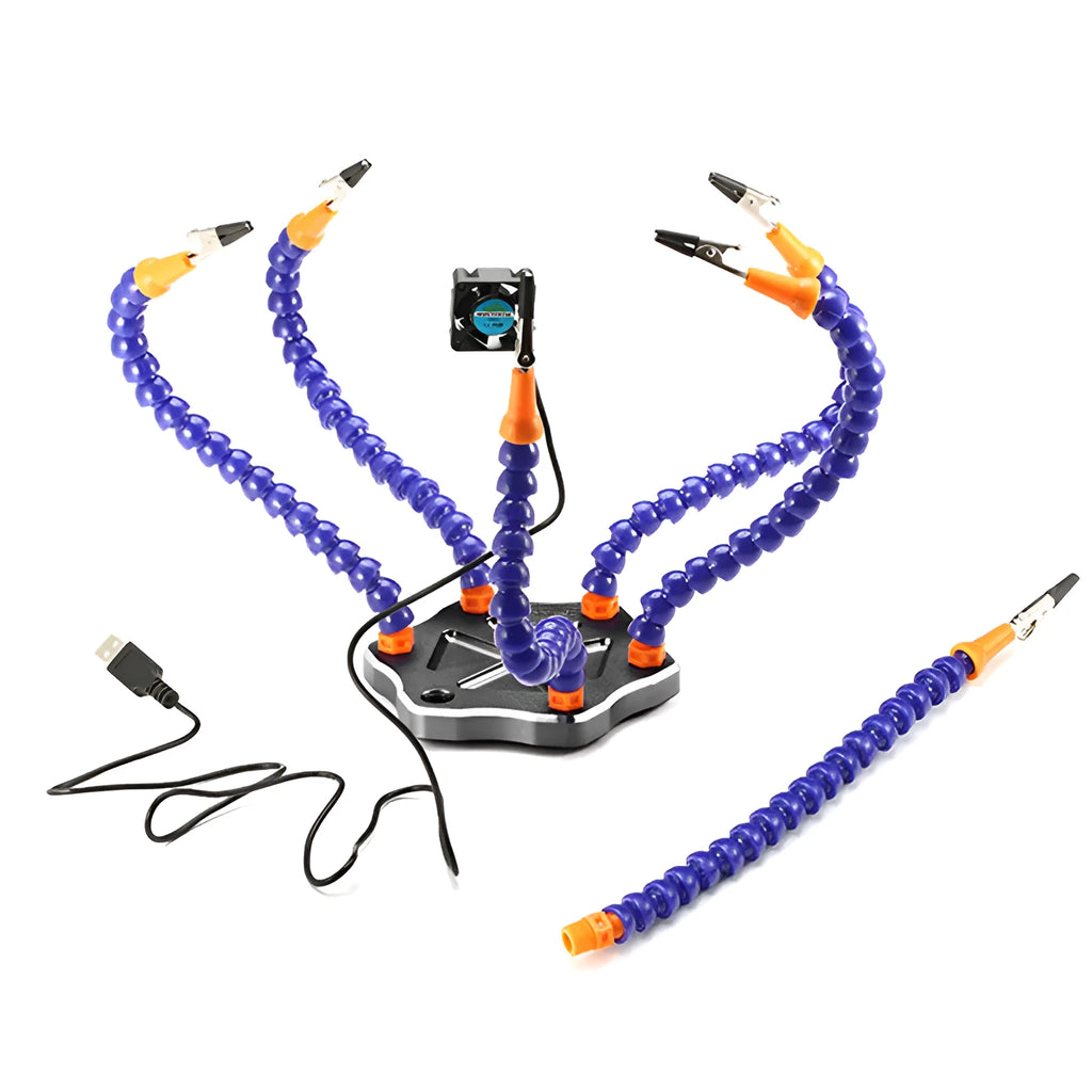 Black aluminium alloy six-jaw welding station with seven adjustable arms for model repair soldering