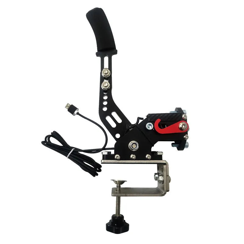 PC racing simulation handbrake with aluminium and stainless steel construction and mounting clamp