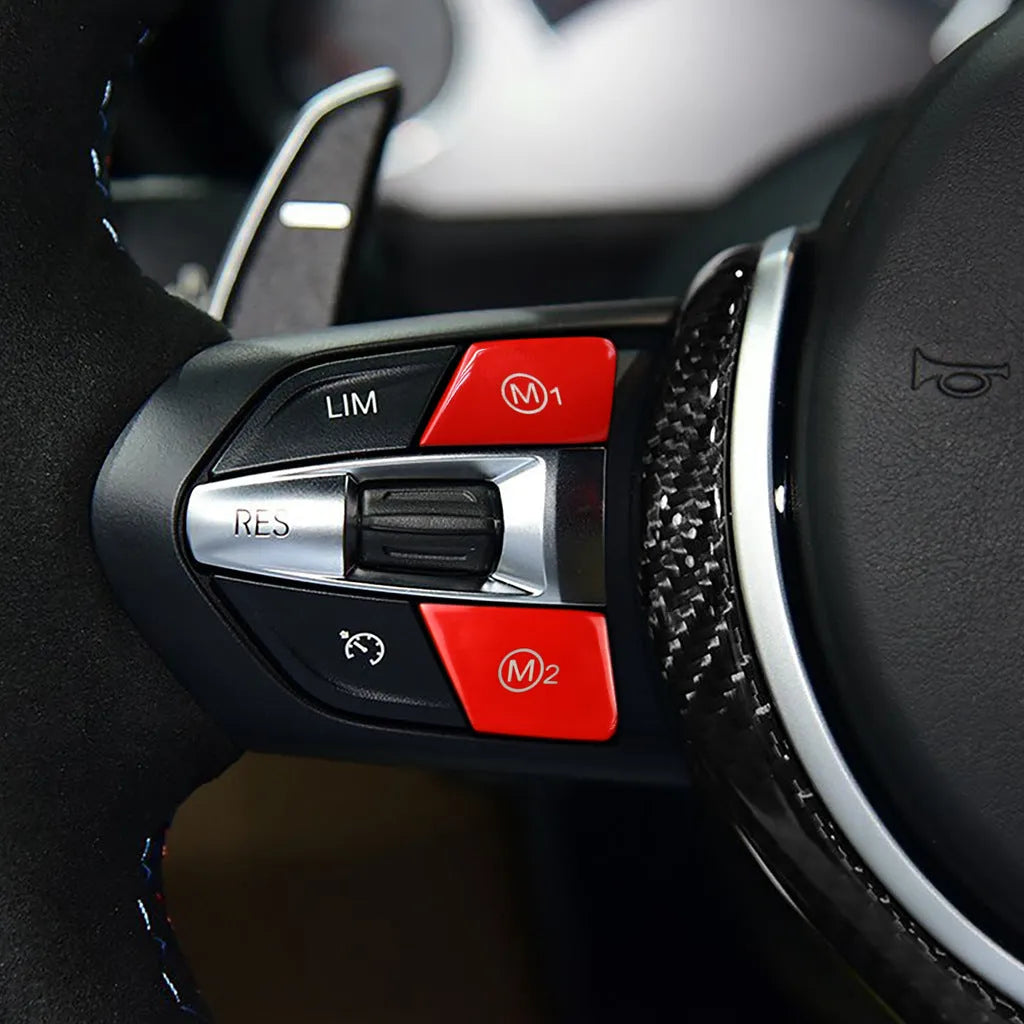Pair of red M1 and M2 buttons for BMW F30 F34 steering wheel upgrade.