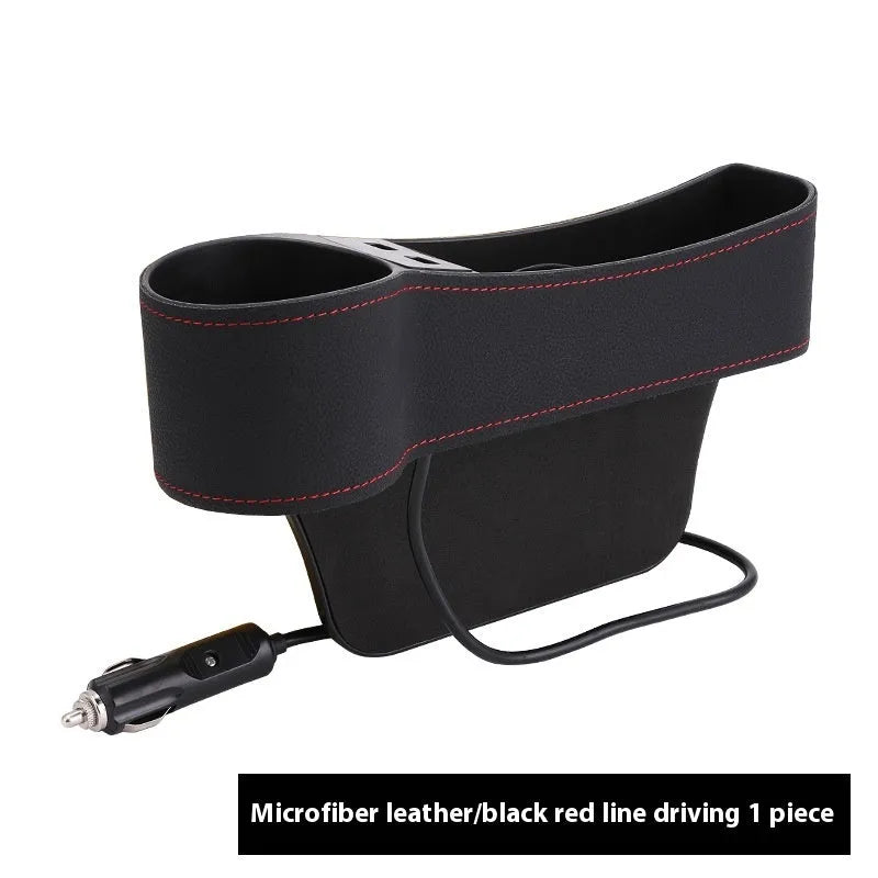 Car seat gap storage box with dual USB ports and PU leather finish in black and red, fitted between seat and centre console
