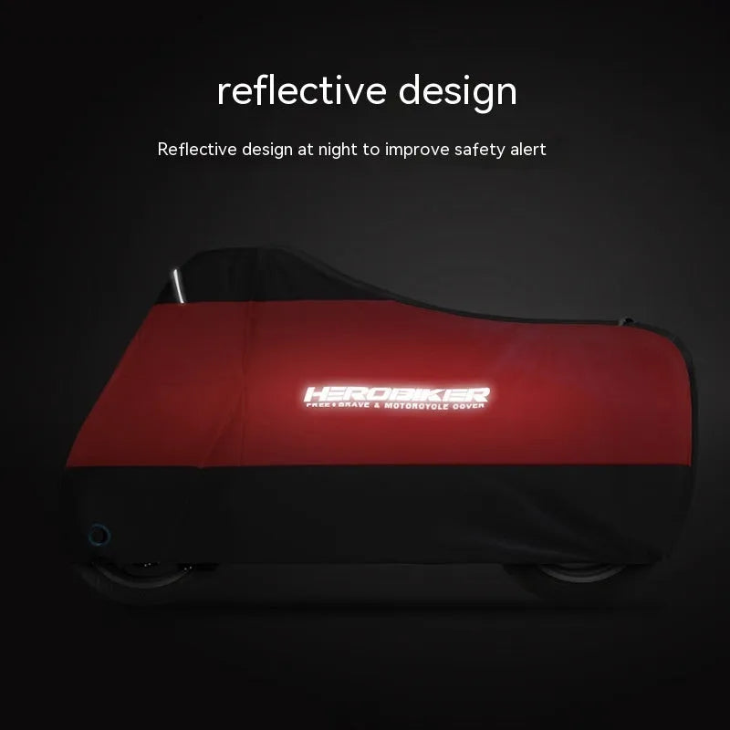Motorcycle rain cover in black colour showing size options and protective features
