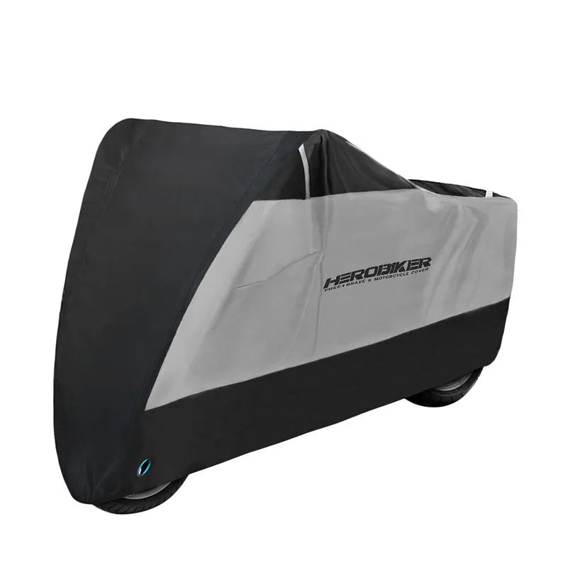 Motorcycle rain cover in black colour showing size options and protective features