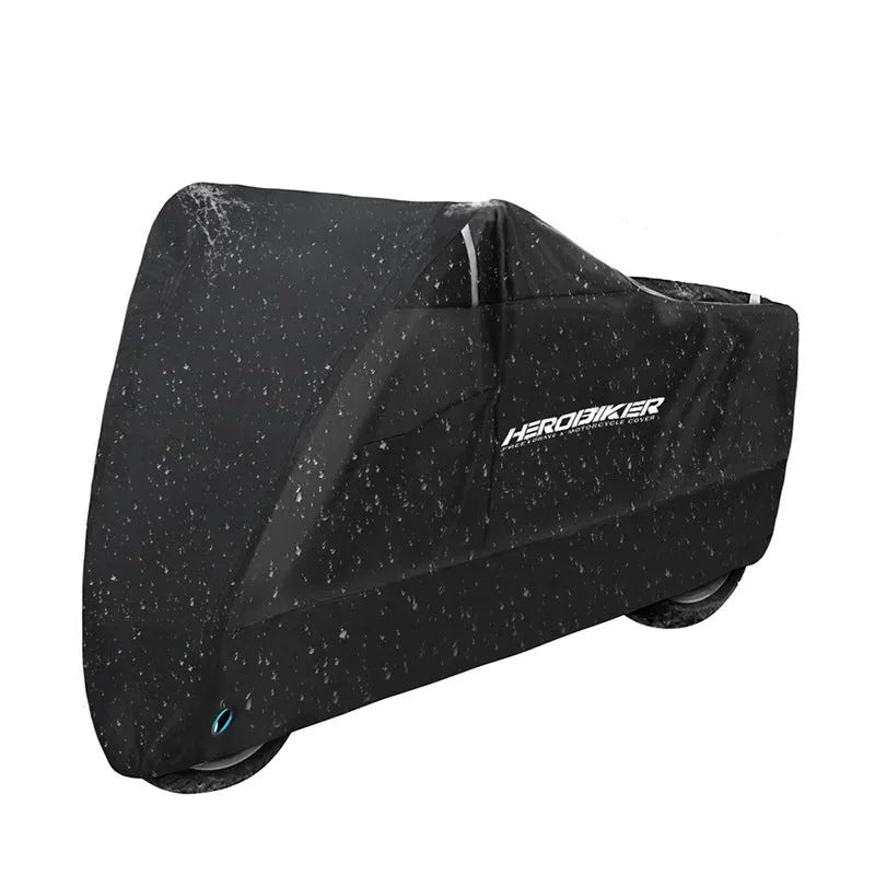 Motorcycle rain cover in black colour showing size options and protective features
