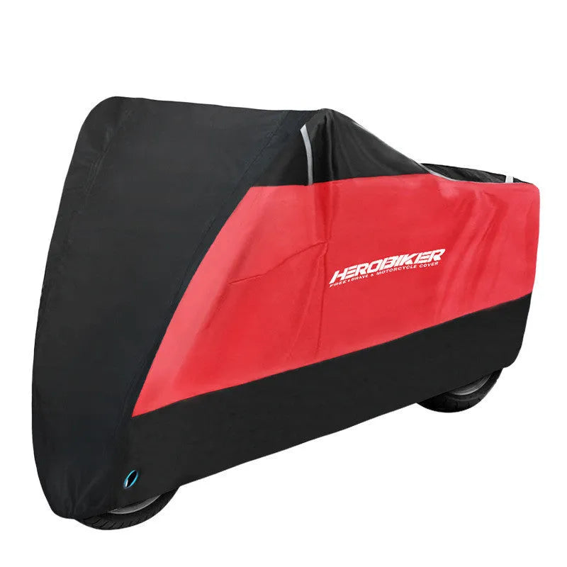 Motorcycle rain cover in black colour showing size options and protective features