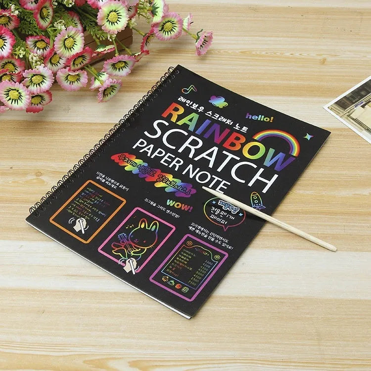 Large children's scratch art paper with colourful puzzle scraping design, measuring 26x19 cm.