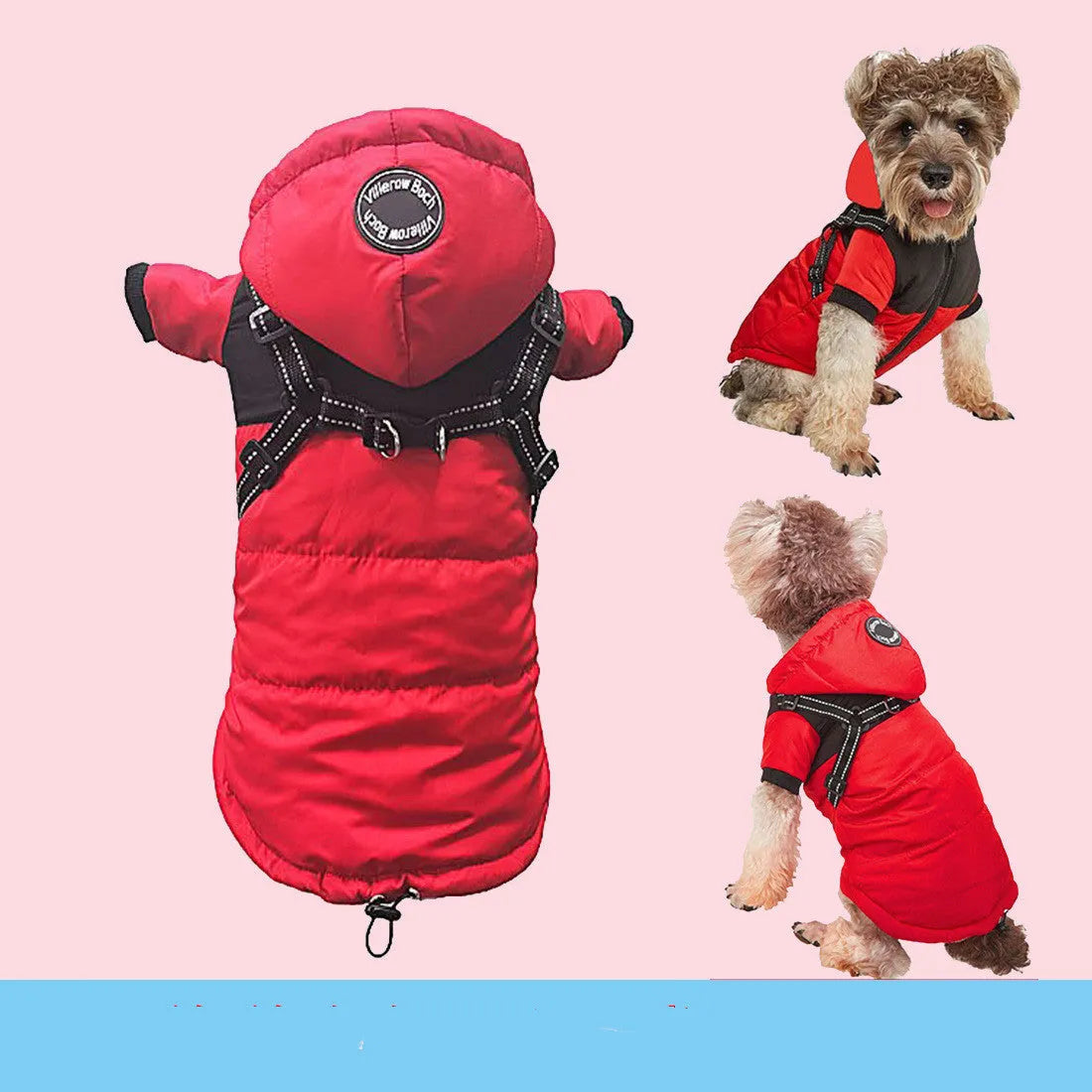 Waterproof warm pet dog coat with velvet lining, available in blue, gray, pink, red, sizes S to 2XL