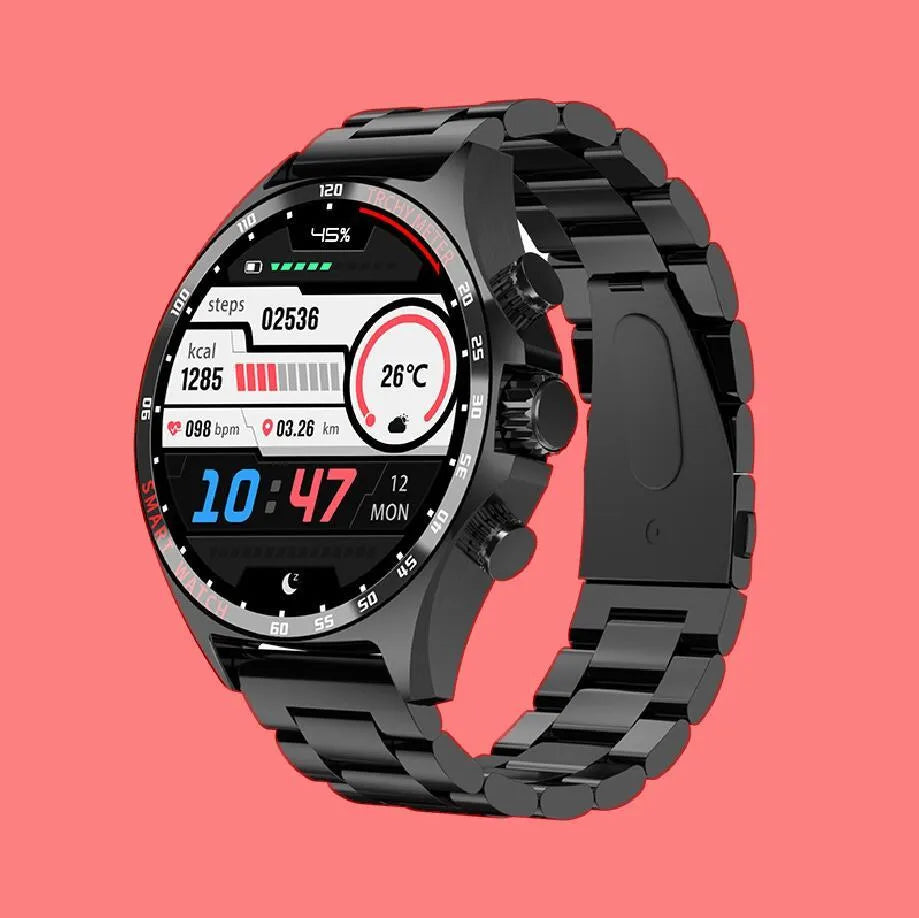 Smart watch with health monitoring display showing heart rate and activity data in black, silver, or gold colour options
