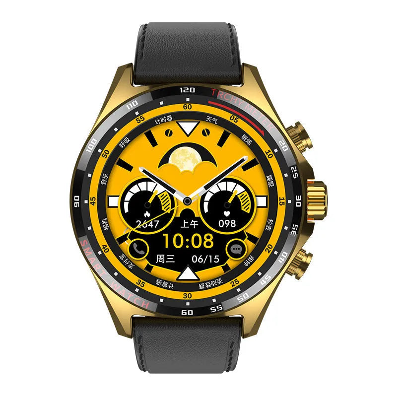 Smart watch with health monitoring display showing heart rate and activity data in black, silver, or gold colour options