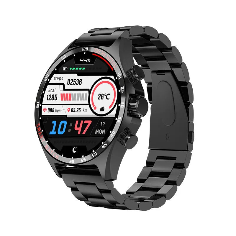 Smart watch with health monitoring display showing heart rate and activity data in black, silver, or gold colour options