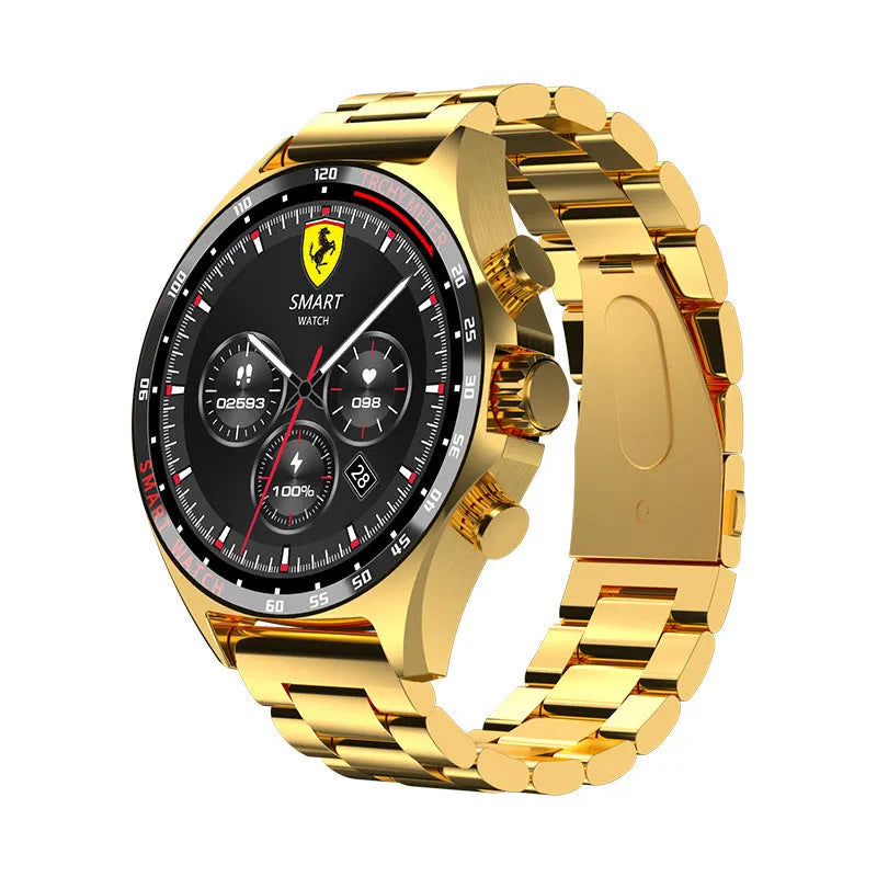Smart watch with health monitoring display showing heart rate and activity data in black, silver, or gold colour options