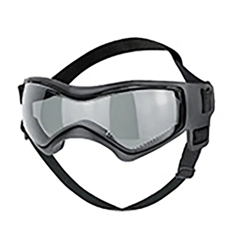 Dog UV-proof goggles with PC lens and adjustable nylon strap in black colour on a plain background