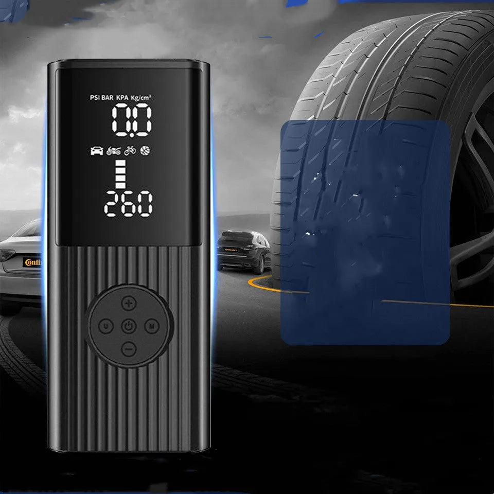 Black wireless car tyre inflator with digital display, LED light, and USB port, shown with air nozzles and storage bag.