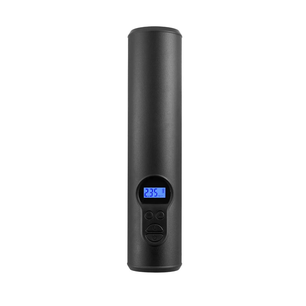 Black wireless car tyre inflator with digital display, LED light, and USB port, shown with air nozzles and storage bag.