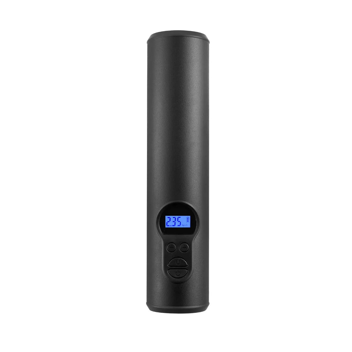 Black wireless car tyre inflator with digital display, LED light, and USB port, shown with air nozzles and storage bag.