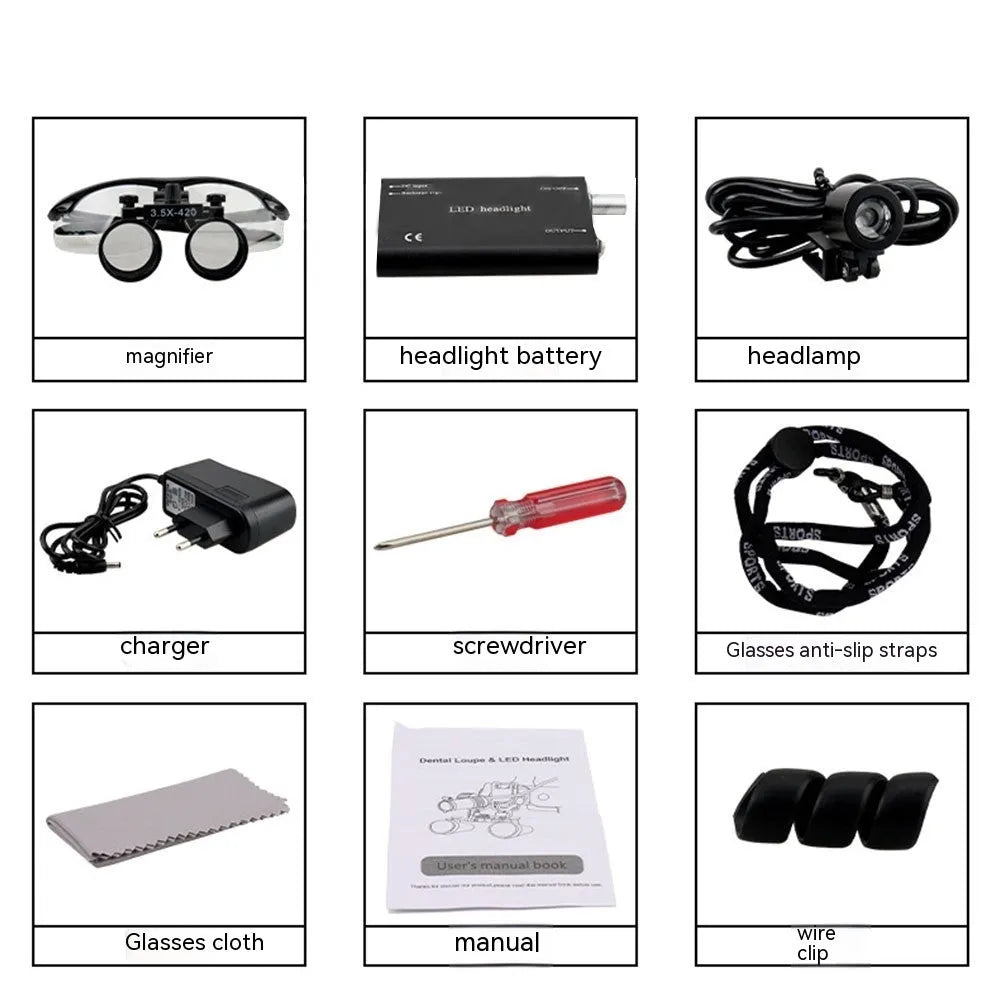 Black head-mounted LED magnifying glass for dental work with adjustable headband and dual magnification lenses.