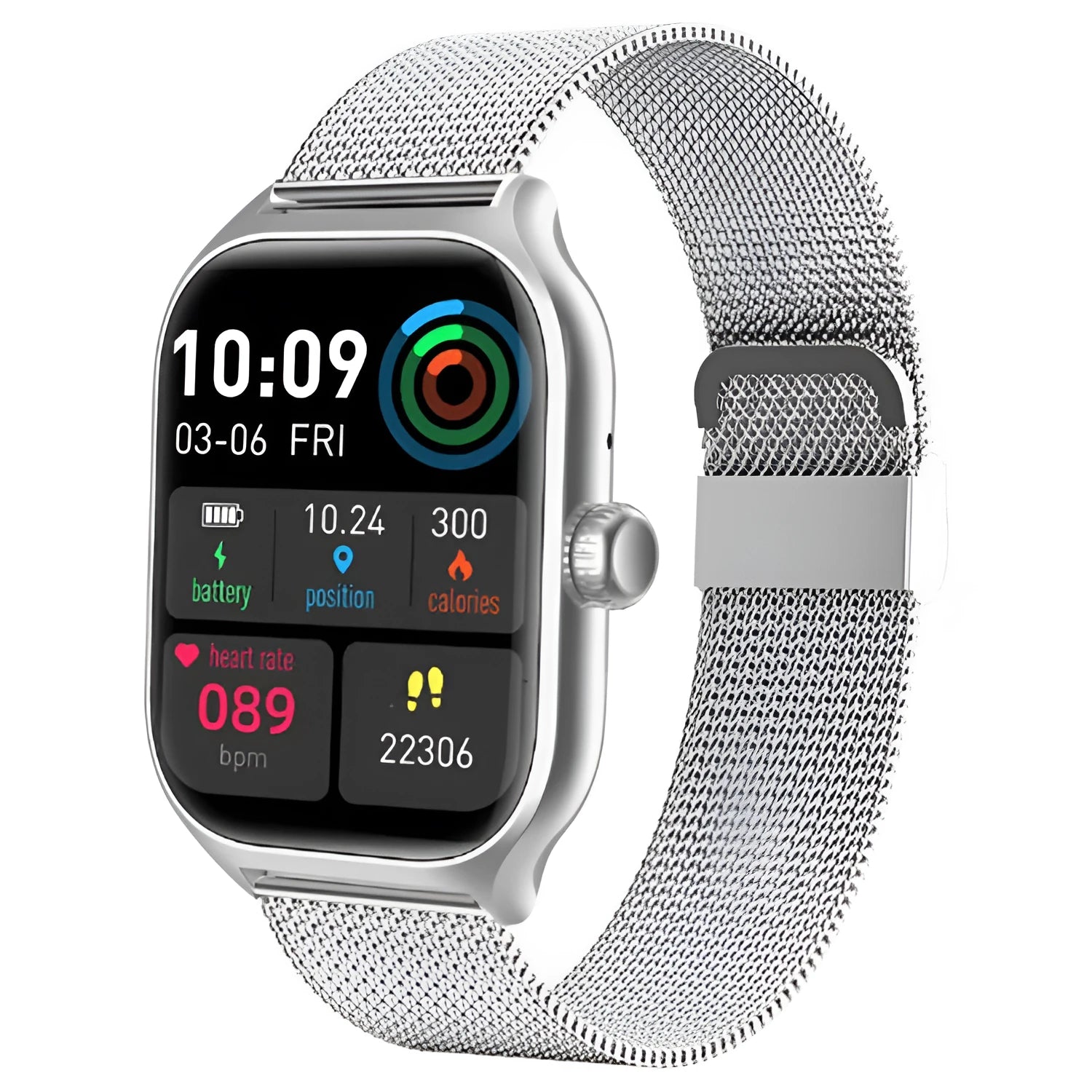 Bluetooth smart watch with full touch screen and silicone strap for health monitoring.