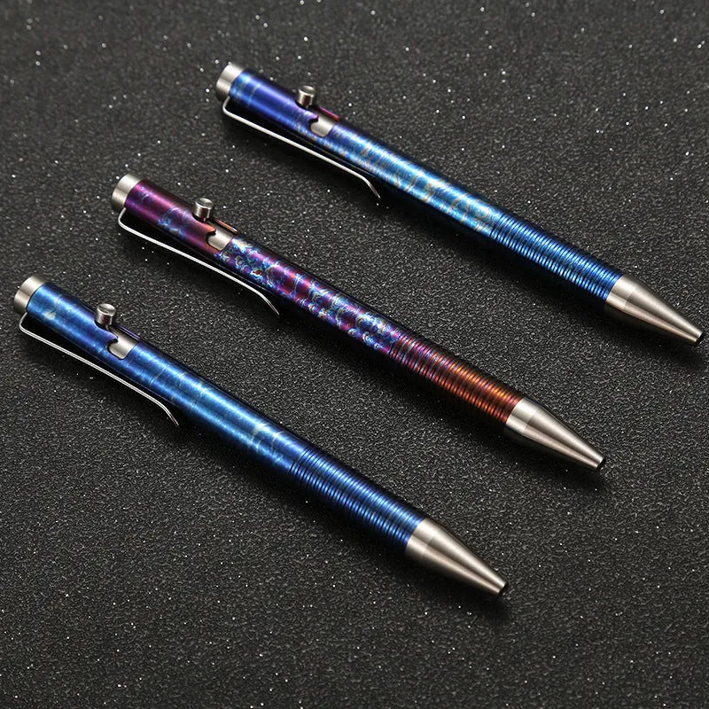 Titanium alloy tactical ballpoint pen with gun bolt handle and phantom colour finish