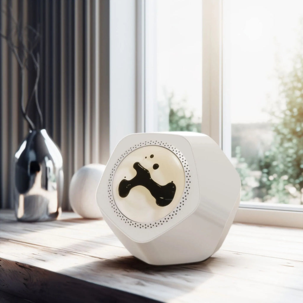 Floating magnetic fluid Bluetooth speaker in black showing fluid spikes, on a desk, with compact 137mm dimensions