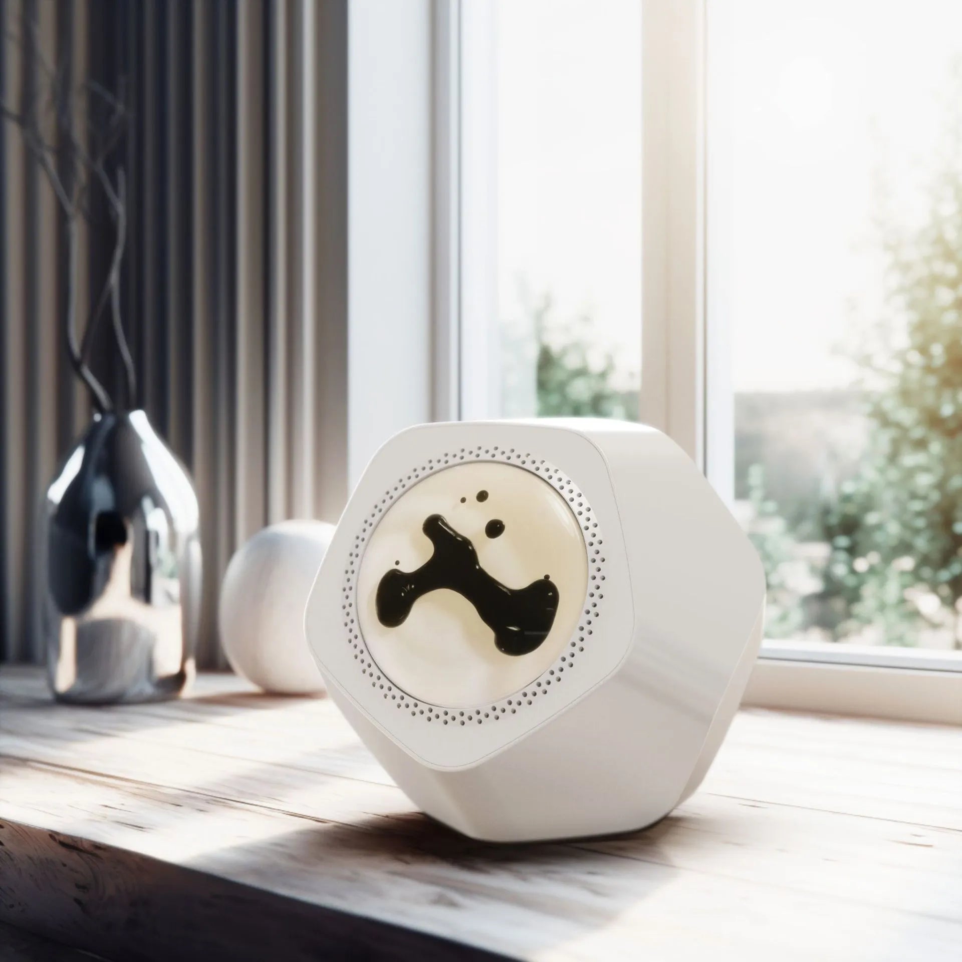 Floating magnetic fluid Bluetooth speaker in black showing fluid spikes, on a desk, with compact 137mm dimensions