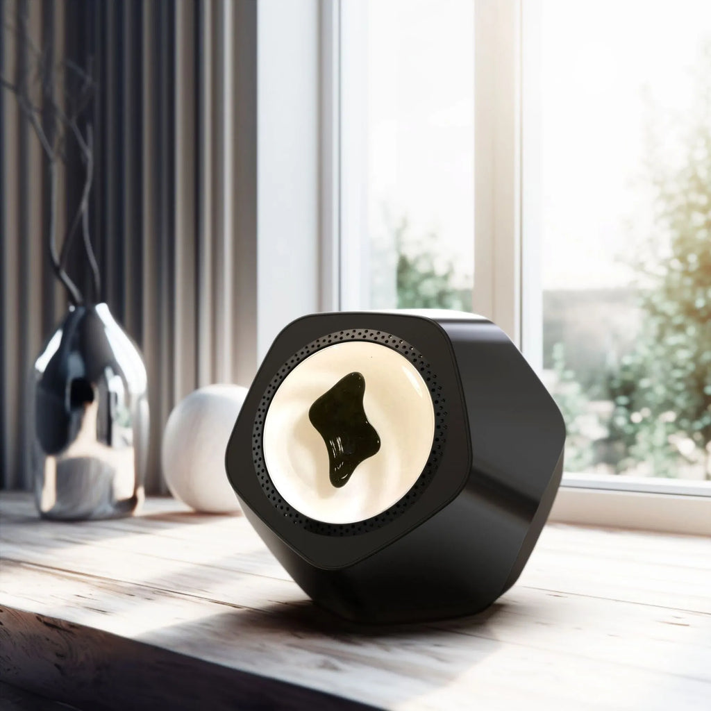 Floating magnetic fluid Bluetooth speaker in black showing fluid spikes, on a desk, with compact 137mm dimensions