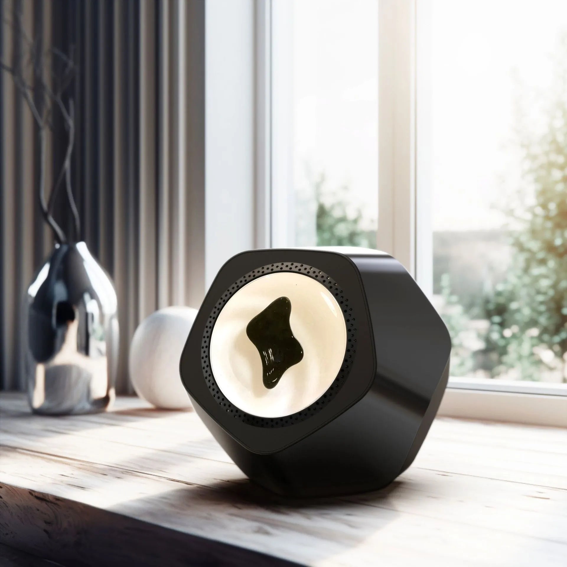 Floating magnetic fluid Bluetooth speaker in black showing fluid spikes, on a desk, with compact 137mm dimensions
