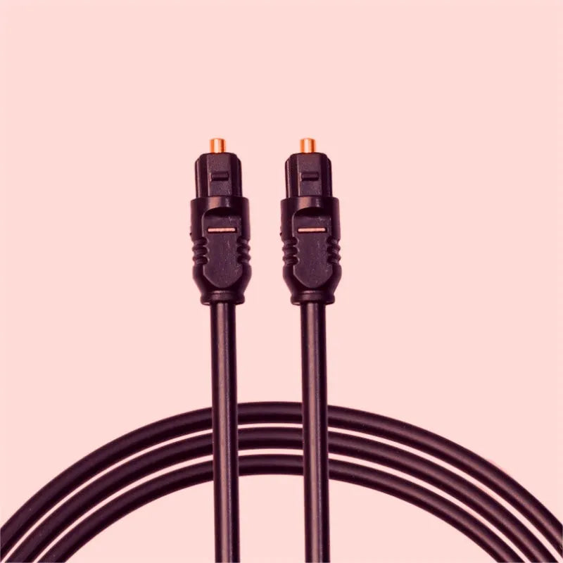 Black Toslink optical audio cable with square connectors showing 2 metre length