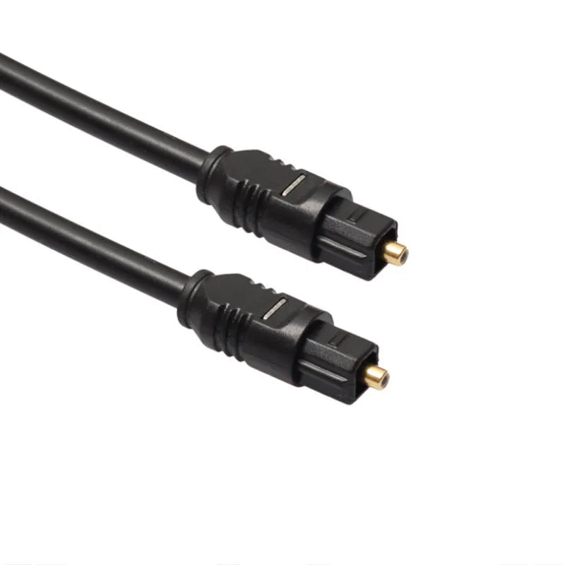 Black Toslink optical audio cable with square connectors showing 2 metre length