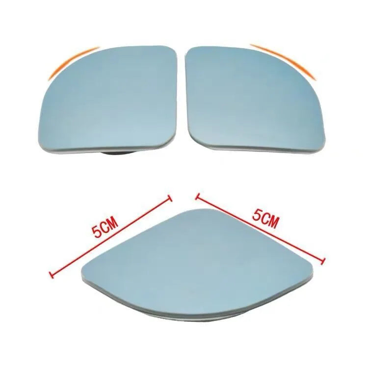 Pair of white, fan-shaped, circular glass blind spot mirrors for cars, shown adjustable.