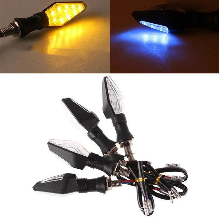 Double-sided luminous LED turn signal for motorcycle with yellow and blue light options, plastic housing, 12V