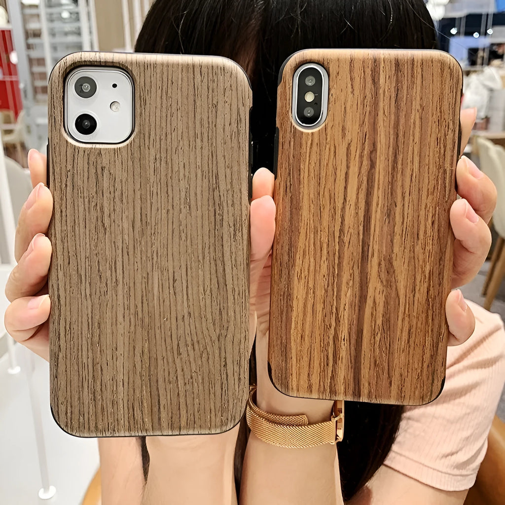 Wooden back cover phone case for iPhone in Rosewood finish showing natural grain.