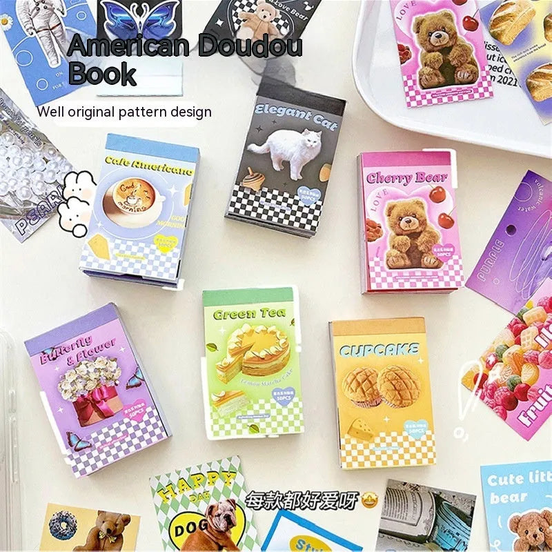 American retro cartoon sticker book open showing 4x6cm sheets in black, pink, blue, green, purple, and yellow colours.