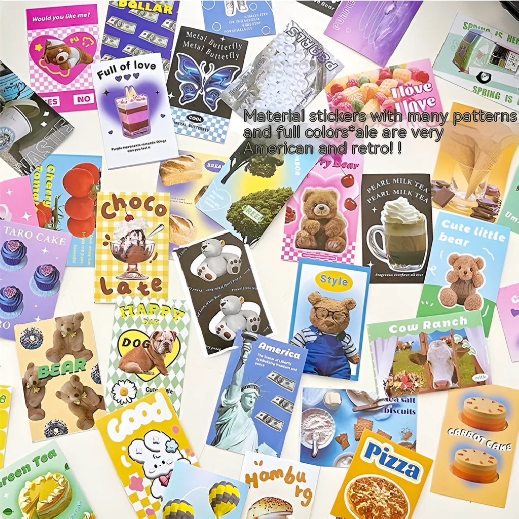 American retro cartoon sticker book open showing 4x6cm sheets in black, pink, blue, green, purple, and yellow colours.