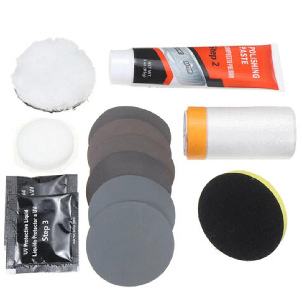 Carbon steel headlight repair tool kit for automotive maintenance with vehicle tools